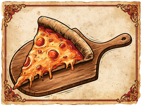 Affiche vintage sur parchemin vieilli : part de pizza au fromage fondant sur pelle &agrave; pizza, cuite au feu de bois avec bordure orn&eacute;e