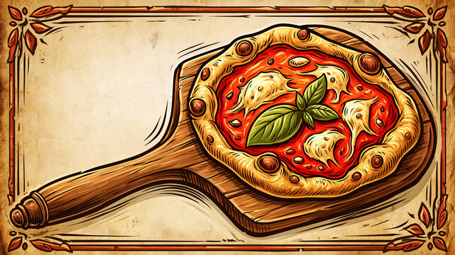 Affiche vintage sur parchemin vieilli : pizza enti&egrave;re au fromage fondant sur pelle &agrave; pizza, cuite au feu de bois avec bordure orn&eacute;e