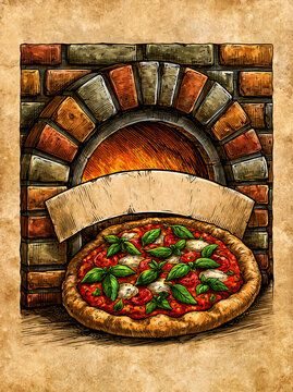 Affiche avec dessin color&eacute; au trait sur parchemin vieilli : pizza artisanale basilic et mozzarella cuite au feu de bois rustique, avec banni&egrave;re centrale pour le texte