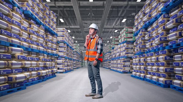 Full Body Side View Of Asian Male Engineer With Safety Helmet Thinking And Looking Around Then Raising His Index Finger While Standing at Warehouse Stacked Cement Bags Pallets