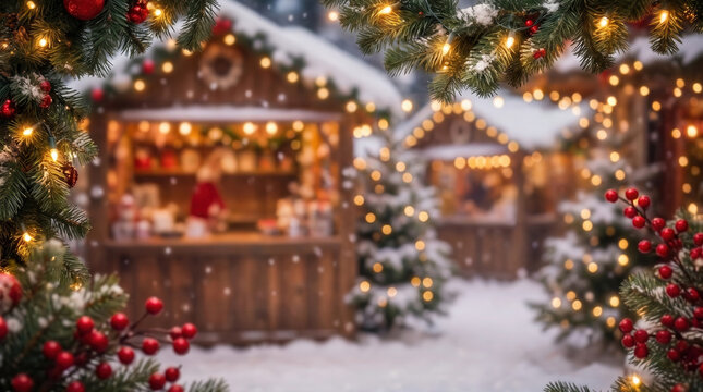 Blurred background framing festive Christmas market chalets with glowing lights and snow