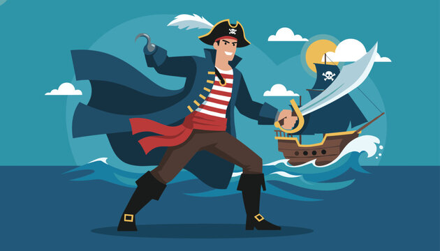 Brave pirate captain with a hook hand wielding a saber sword on a beautiful sea backdrop with a sailing ship and waves.