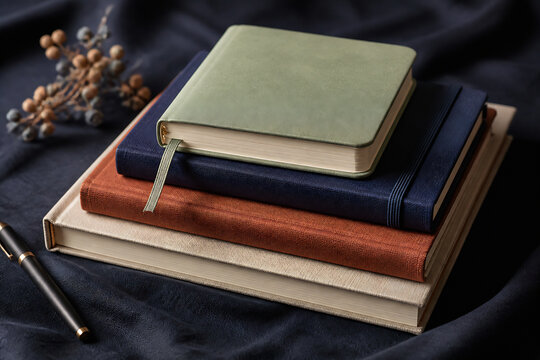 A stack of books with a green, blue, and brown cover resting on dark fabric next to a pen and some dried berries.