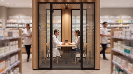 Fototapeta premium Pharmacist And Patient Talking In Glass Consultation Booth