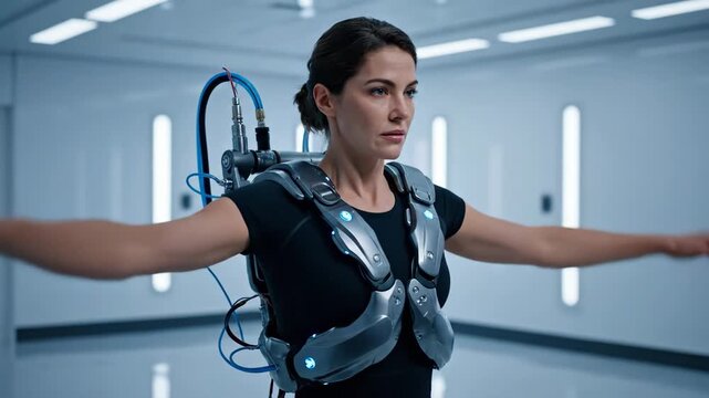 Focused woman in futuristic haptic suit interacting with technology in a modern lab.