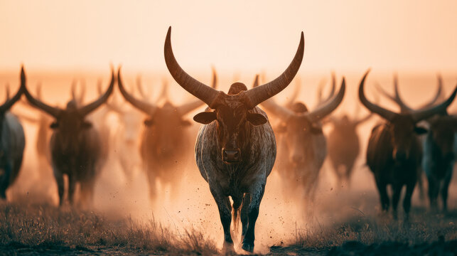 Photo of Herd of Ankole cattle walking across African grasslands during sunset, warm golden light, dust particles in the air.