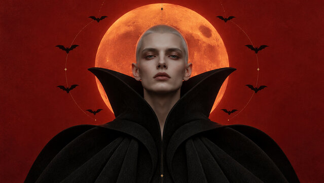 Dramatic Halloween fashion portrait of a woman in a sculptural black cape with a glowing orange moon and flying bats on a red background, ideal for posters, banners, cards and editorials.