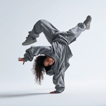 Female breakdancer performing an acrobatic move in a clean studio