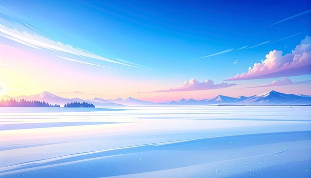 澄み切った朝空と遠くの雪山が美しい果てしなく広がる雪原のアニメ風背景イラスト（冬・広大）