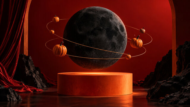 Surreal Halloween scene with a dark moon floating above an orange podium surrounded by orbiting pumpkins, ideal for seasonal ads, product displays, posters and banners.