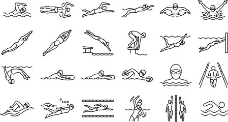 Obraz premium Swimming Sport Athlete Postures and Pool Water Activity Outline Icons Vector SetSwimming Sport Athlete Postures and Pool Water Activity Outline Icons Vector Set