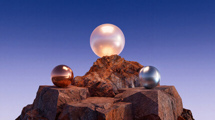 Obraz premium Three metallic and glowing spheres placed on a rocky mountain peak under a clear blue sky, minimalist 3D render representing concept of success, achievement, and balance in a surreal landscape.