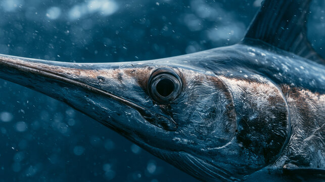 Detailed portrait of marlin or swordfish underwater, sharp bill, large eye, textured skin, deep blue sea background with light rays and particles, marine wildlife, powerful ocean predator, underwater.