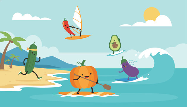Active cartoon vegetables surfing windsurfing and running on a tropical beach under the sun on blue water.