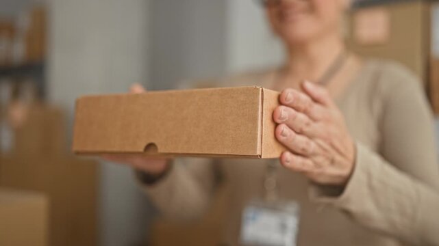 Woman holding parcel with bare hands offering package in warehouse packing area of small business with visible id badge; helpful service.