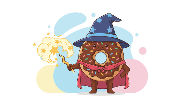 Delicious chocolate donut wizard character wearing a starry magic hat and pink cape while casting a spell.