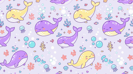 Fototapeta premium Cute Kawaii Whales and Jellyfish Seamless Pattern