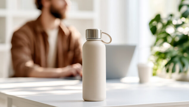 Reusable water bottle standing on office desk, promoting eco-friendly hydration habits and wellness at modern workplace
