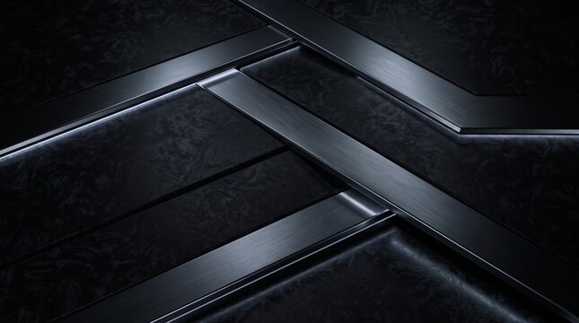 Industrial futuristic dark background with overlapping diagonal brushed steel beams, matte carbon fiber plates, and subtle edge reflections.