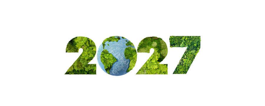 2027 Eco-Friendly New Year Number with Earth and Green Foliage &ndash; Environmental Sustainability Concept