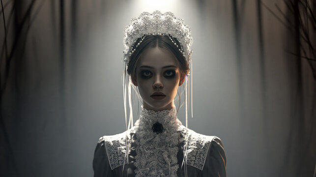 Gothic bride woman wearing victorian lace wedding dress and tiara, creating eerie ethereal beauty concept