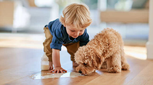 Young child and pet dog sharing a moment while cleaning up a liquid mess, depicting early life and companion