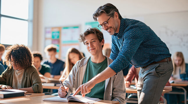 Teacher helping male high school student with notebook in a modern classroom, focusing on learning and mentorship