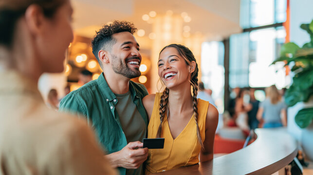 Happy black couple checking in hotel reception, man giving credit card for payment, enjoying holiday travel