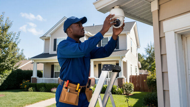 Professional technician installing a home security camera on a suburban house. An African American worker in a blue uniform mounts a surveillance dome camera