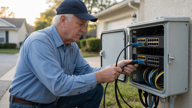 A senior technician performs network connection and internet service installation. He is maintaining equipment in an outdoor utility box for a residential home