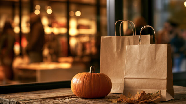 Pumpkin, autumn leaves, and shopping bags on a wooden table, store window with bokeh lights in background, representing fall shopping and seasonal events