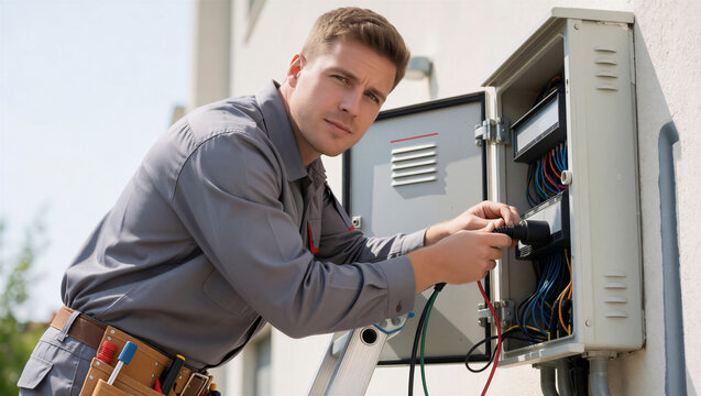 A professional electrician performs electrical service on an outdoor panel. This skilled technician ensures safe power installation and maintenance