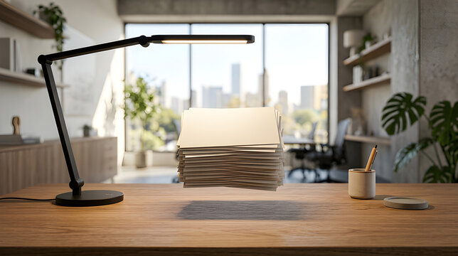 Stack of blank white papers floating on a wooden desk with a modern LED lamp