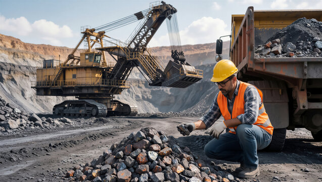A diligent worker in safety gear inspects raw mineral at a vast open-pit mine. This scene highlights the scale of resource extraction and heavy industry operation