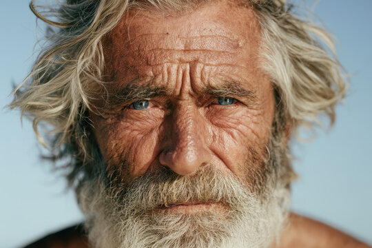 Close up portrait of an elderly man with weathered skin, grey hair, and blue eyes looking at the camera