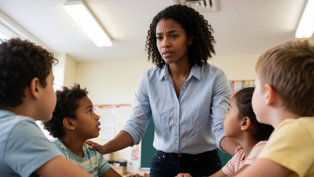 Teacher guides diverse elementary student group in a bright classroom setting. This scene highlights supportive education and childhood learning