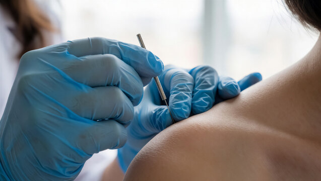 Close-up of a doctor inserting a needle into a patient's shoulder. Acupuncture therapy provides alternative medicine and natural pain relief