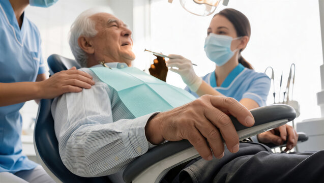 Senior man receiving attentive dental care from a skilled dentist in a contemporary clinic. The assistant offers support, highlighting patient comfort