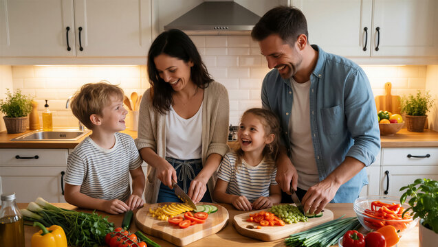 Happy family with child cooking healthy meal in modern kitchen. Parents teach son and daughter to chop fresh vegetable on wooden board