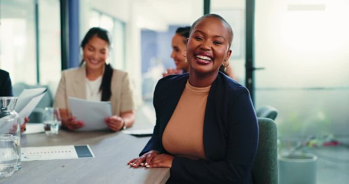 Happy, face and woman in boardroom with meeting, marketing consultant and about us in PR office. Portrait, team and branding specialist with confidence, campaign planner and career in communications.