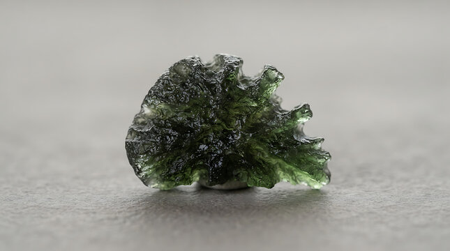 Moldavite gemstone lies isolated on a neutral gray surface, displaying its unique textured green glass appearance formed by a meteorite impact.