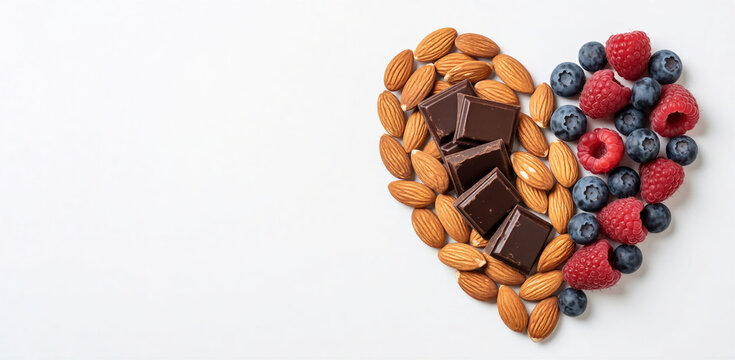 Top view of a heart shape made from almond, dark chocolate, blueberry, and raspberry. Healthy superfood snack on white background with copy space