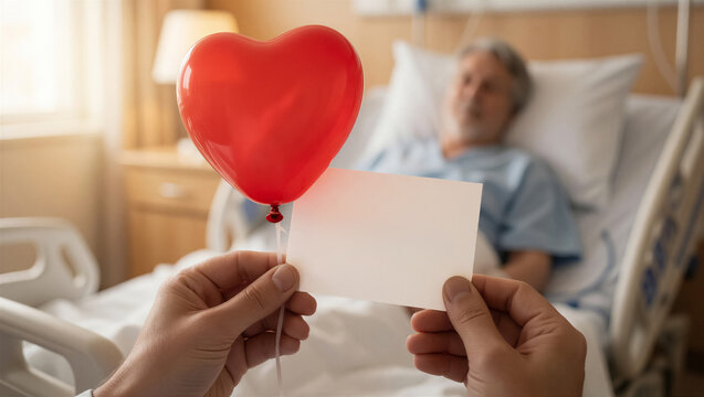 Close-up of hands holding a thank you card and red heart balloon for a senior patient in a hospital bed. A heartfelt message of gratitude and medical care