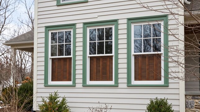 Three windows on a white wooden house exterior
