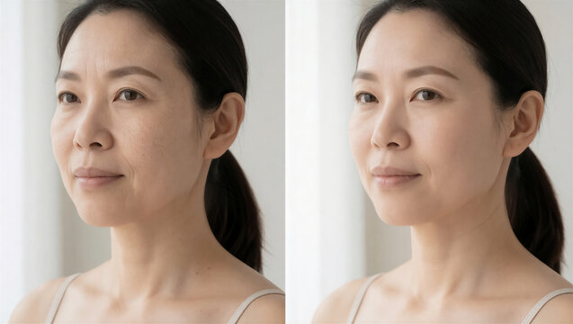 Before and after comparison of a middle-aged Asian woman's face. Showing skin rejuvenation, anti-aging treatment, and wrinkle reduction for a youthful look