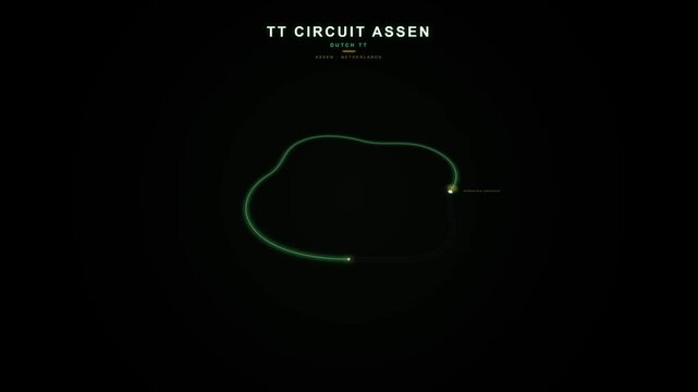 Premium 4K cinematic motorsport motion graphic of the TT Circuit Assen featuring deep emerald luminous core, electric gold apex accents, pearl white active head, fast-flowing connected corner rhythm,
