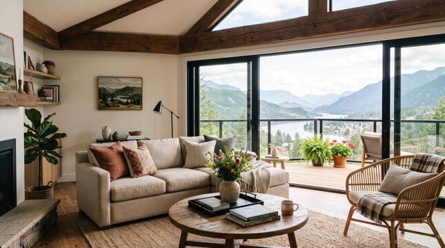 Modern living room with mountain view and large windows