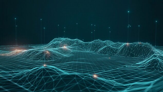 Abstract digital terrain mesh with glowing grid and points representing geographic information, spatial analysis, and map based visualization of land surface.