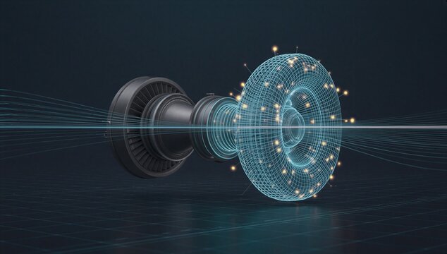 Futuristic machine part with digital overlay and data points, showing digital twin concept for virtual model, monitoring, and predictive maintenance.