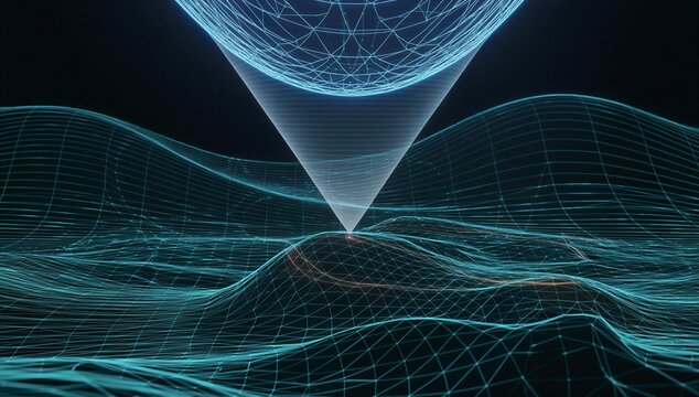 Futuristic cone beam scans a digital terrain grid, symbolizing remote sensing, earth observation, and geospatial data capture.